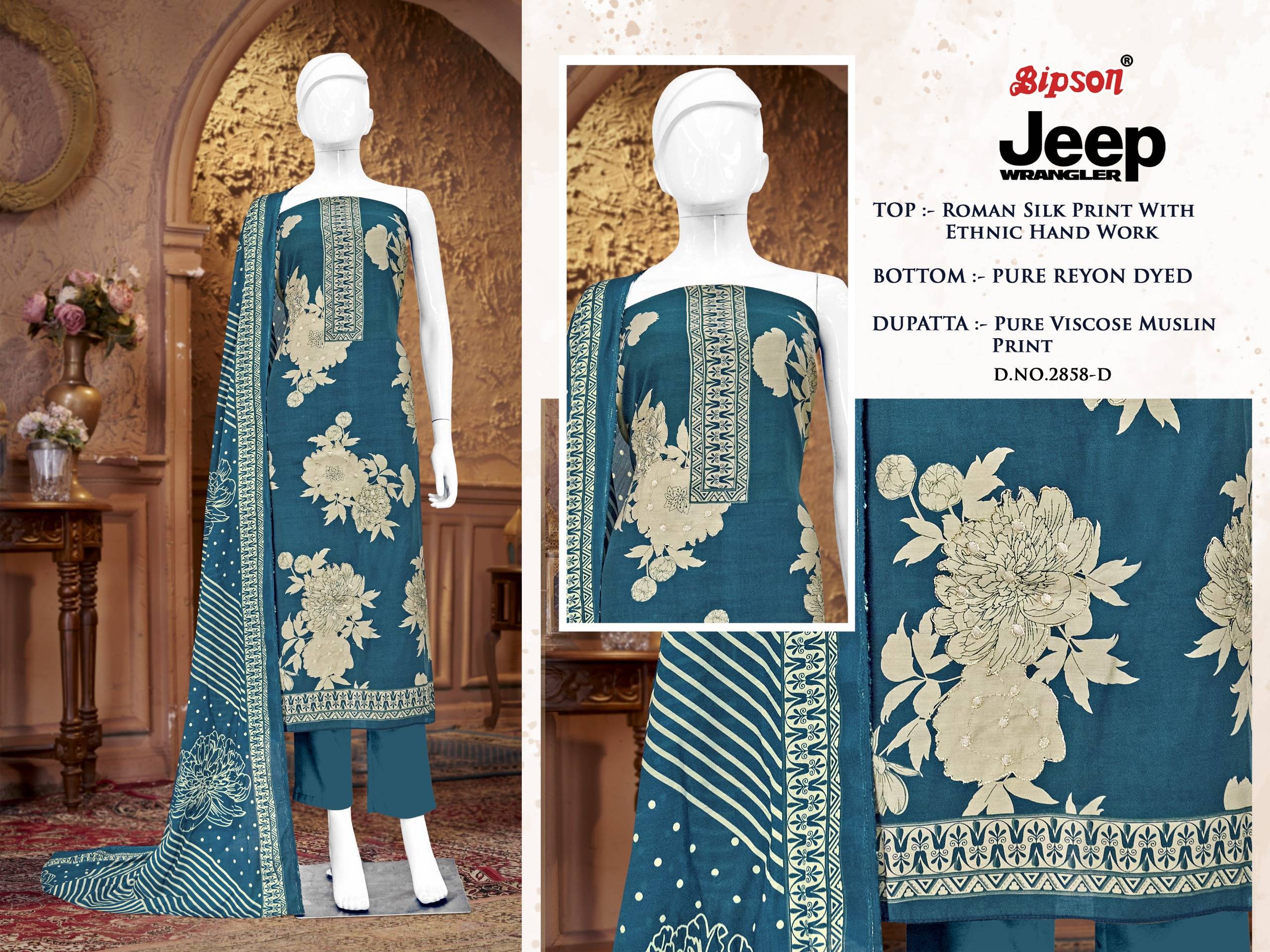 JEEP WRANGLAR VOL 2858 BY BIPSON PRINTS Stylish Beautiful Colourful ROMAN SILK PRINT Dresses At Wholesale Price
